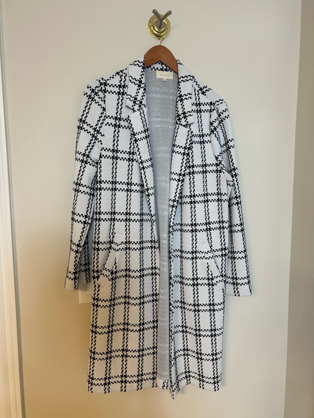 MELLODAY Black and White Windowpane Long Blazer Coat